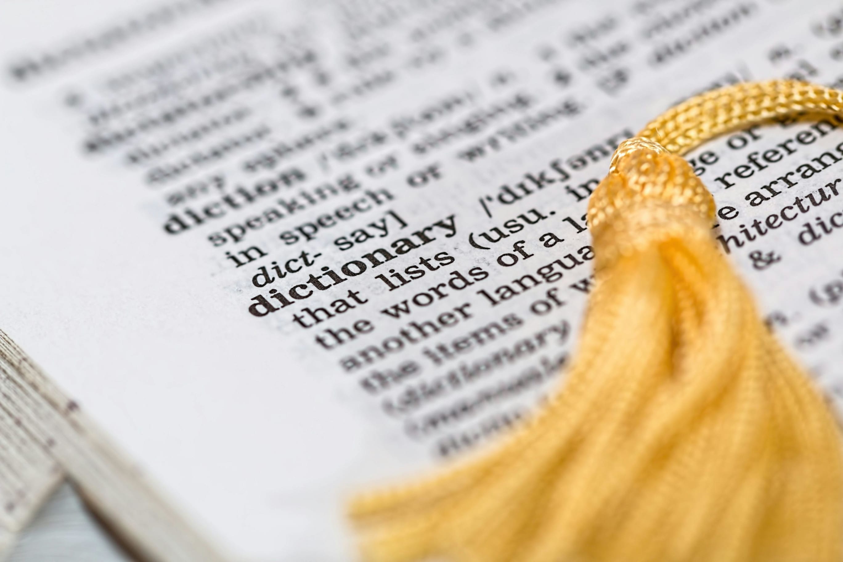 Dictionary page focused on the word dictionary with a yellow tasseled bookmark.
