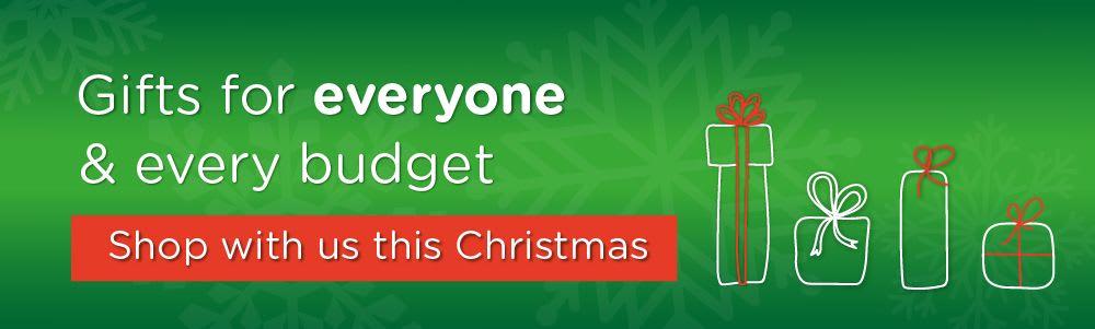 Christmas-themed banner with the text: Gifts for everyone & every budget - Shop with us this Christmas.