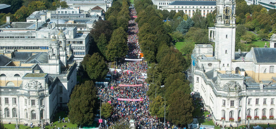 Aerial shot of Cardiff half marathon crowds