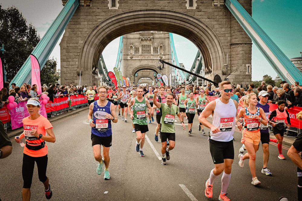 London Marathon - runners crossing Tower Bridge