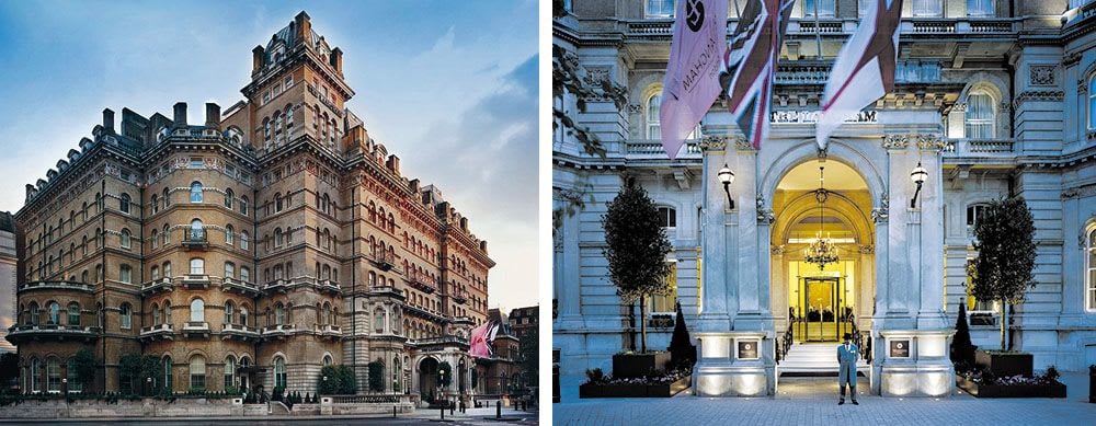 Two views of the front of the Langham hotel in London.