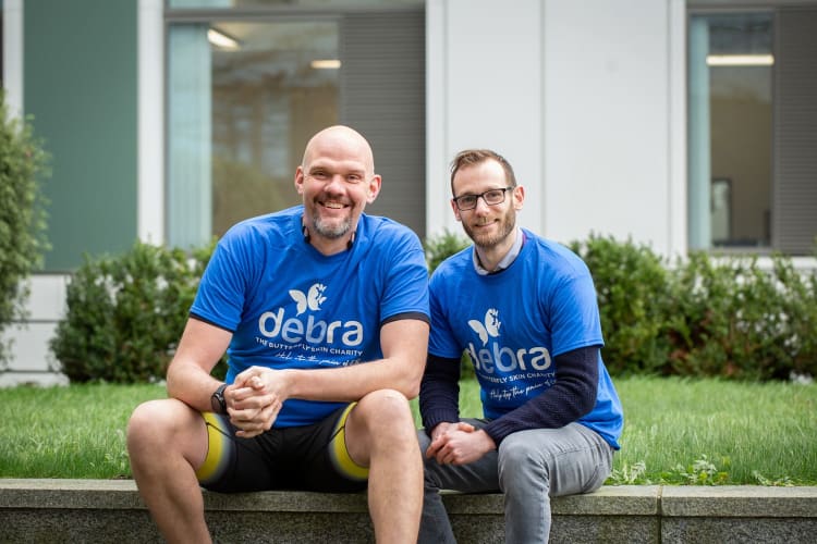 Liam Grover and  Richard Moakes from University of Birmingham wear DEBRA t shirts