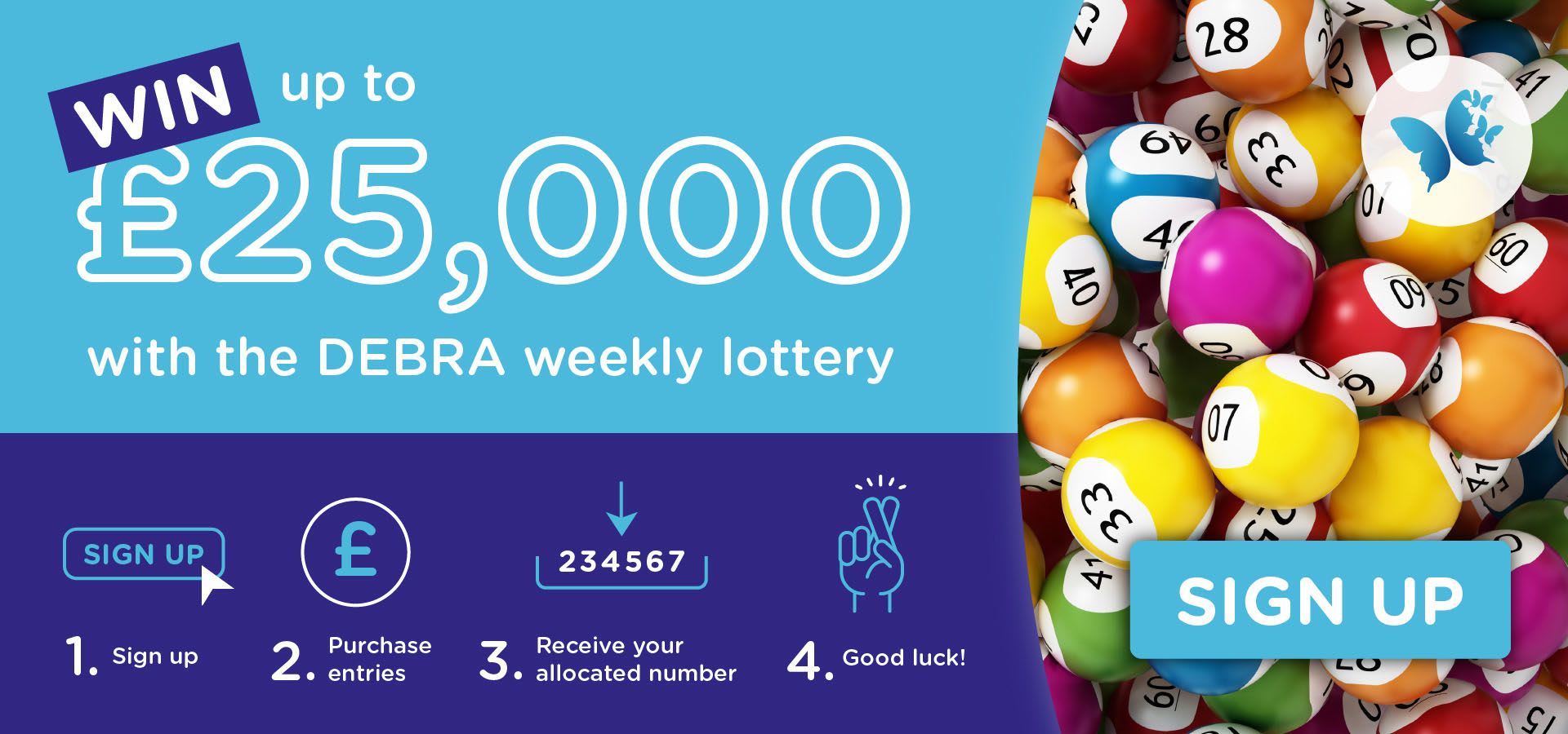 Banner with an image of lottery balls and the text: win up to £25,000 with the DEBRA weekly lottery. Sign up.