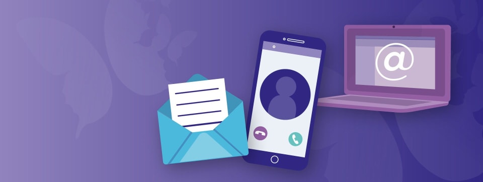 Purple banner with icons of a laptop, a mobile phone and an open envelope