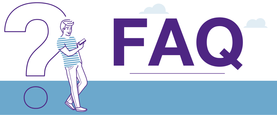 Graphic with a man leaning on a big question mark and the text FAQ