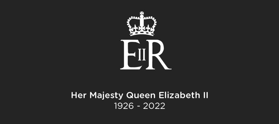 Black banner with text Her Majesty Queen Elizabeth II 1926-2022