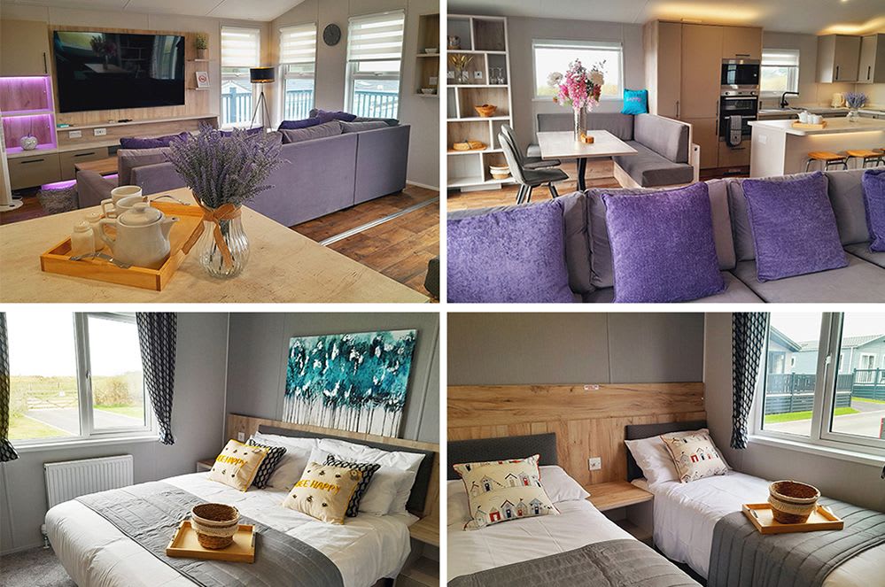 A collage showing images of the Newquay holiday homes open plan living room, dining area and kitchen, plus an image of the master bedroom and one of the twin bedrooms.