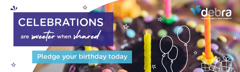 Banner with a birthday cake and the text: Celebrations are sweeter when shared. Pleadge your birthday today.